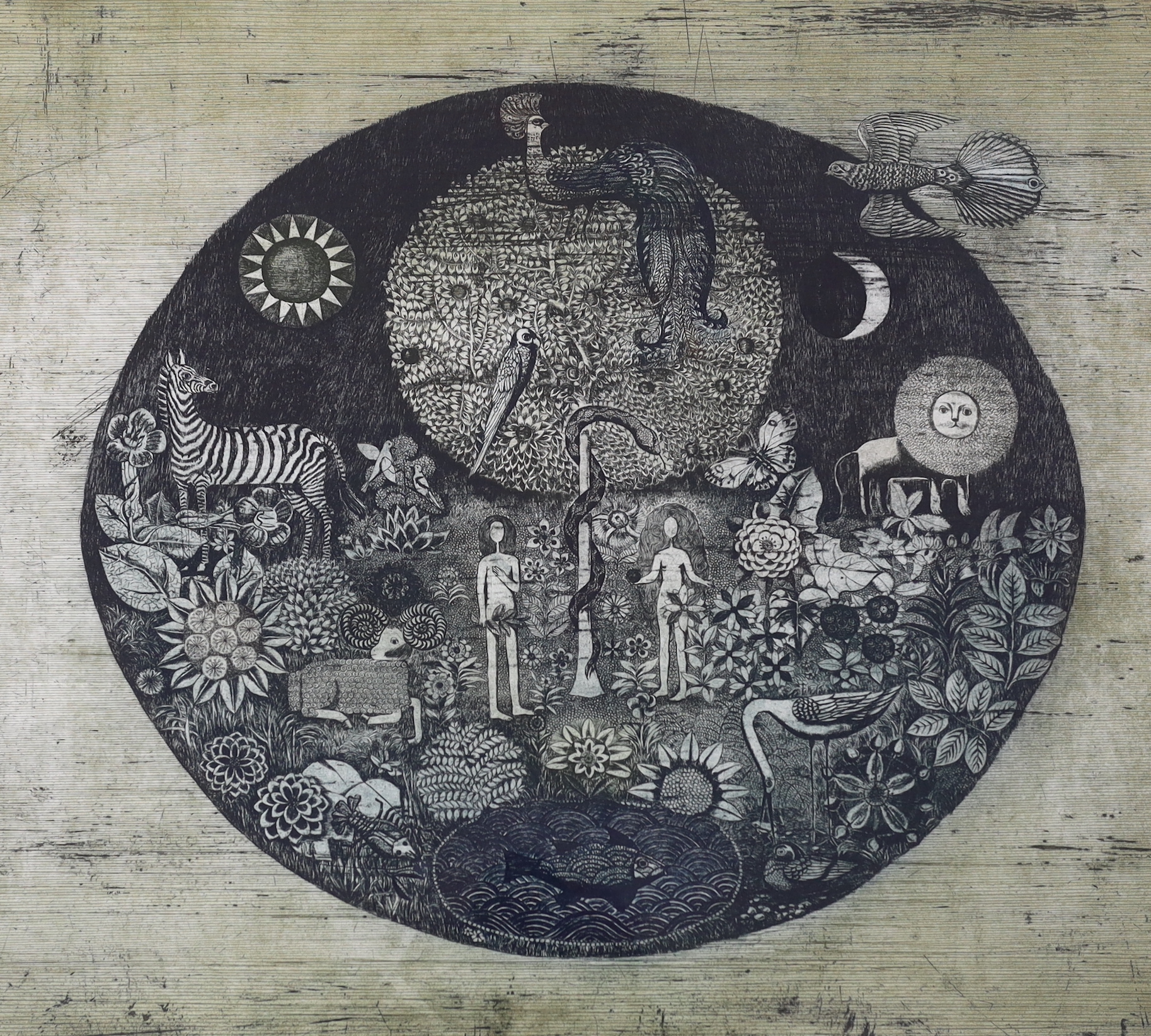Emilie Tomanova (Czech, 1933-1994) colour etching, The Garden of Eden, signed in pencil, limited edition, 72/75, 56 x 62cm